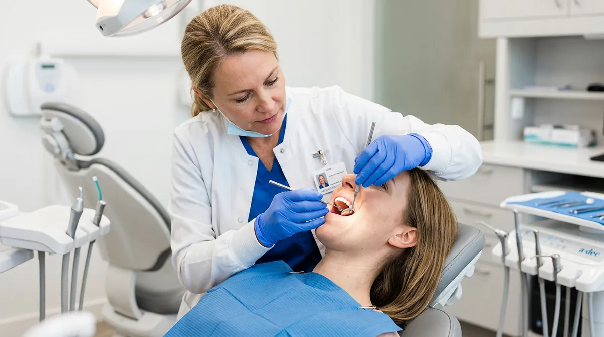 Dentist performing a careful dental examination on a patient in a modern Tulsa treatment room