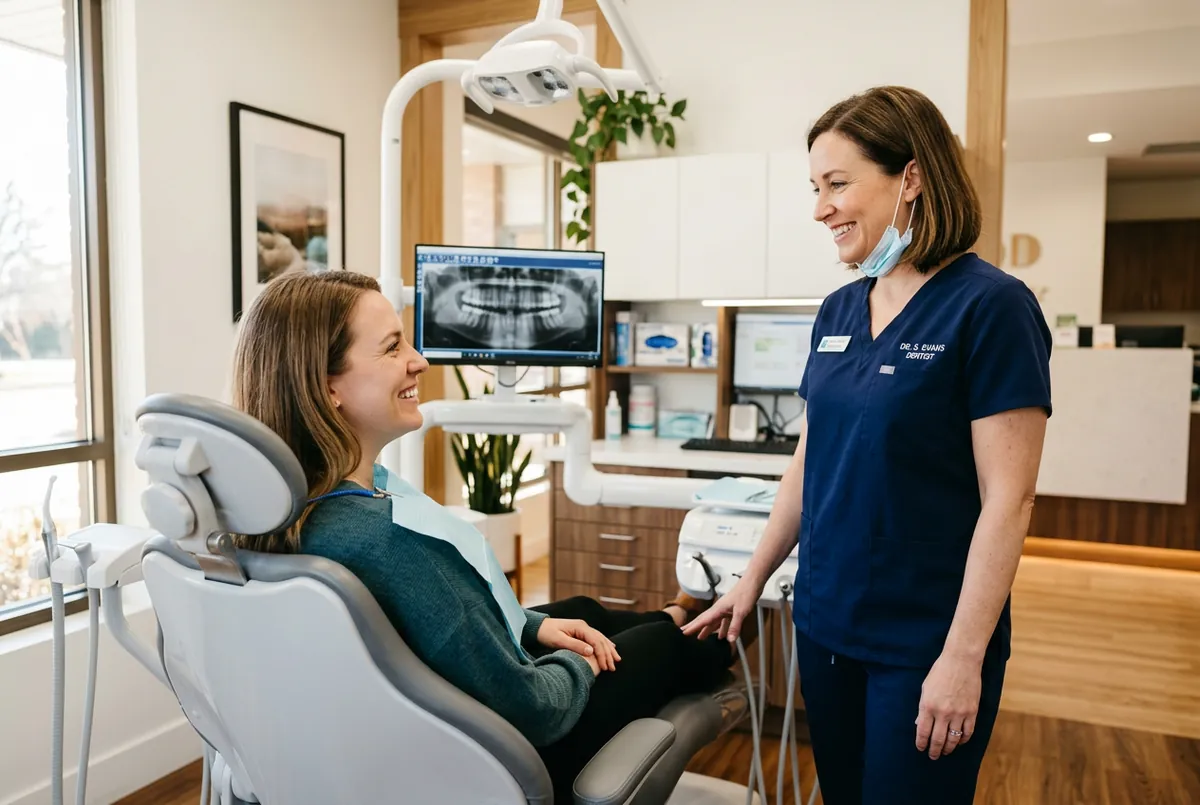 Patient smiling comfortably in a dental chair while the dentist provides reassuring care